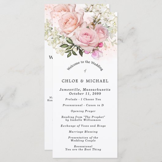 Blush Roze Rose Bloemen DIY Bruiloft Programmakaart (Voorkant / Achterkant)