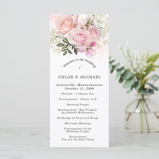 Blush Roze Rose Bloemen DIY Bruiloft Programmakaart (Staand voorkant)
