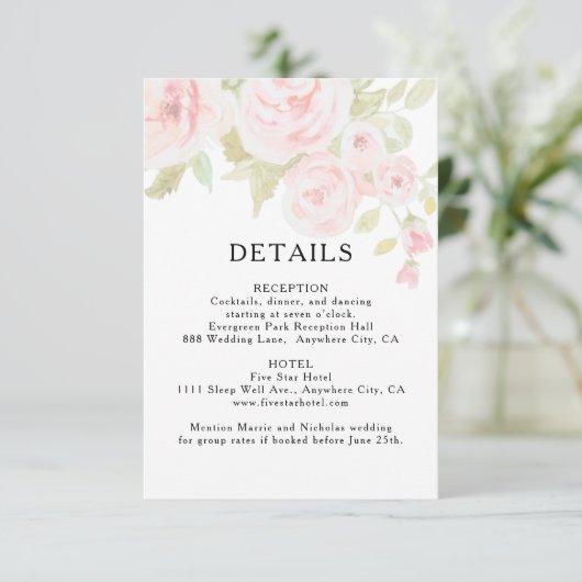 Blush Roze Rose Bloemen Waterverf Bruiloft Details Informatiekaartje (Staand voorkant)