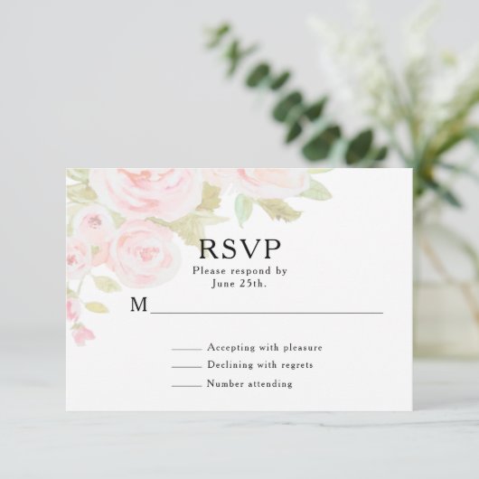 Blush Roze Rose Bloemen Waterverf Bruiloft RSVP (Staand voorkant)