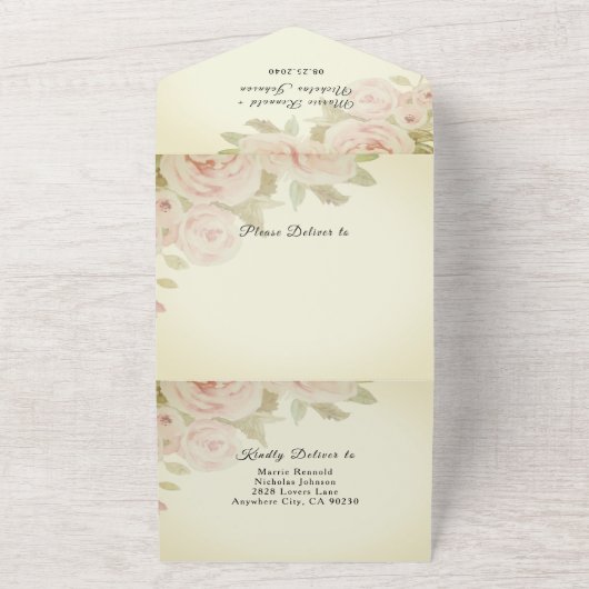 Blush Roze Rose Bloemen Waterverf Groen All In One Uitnodiging