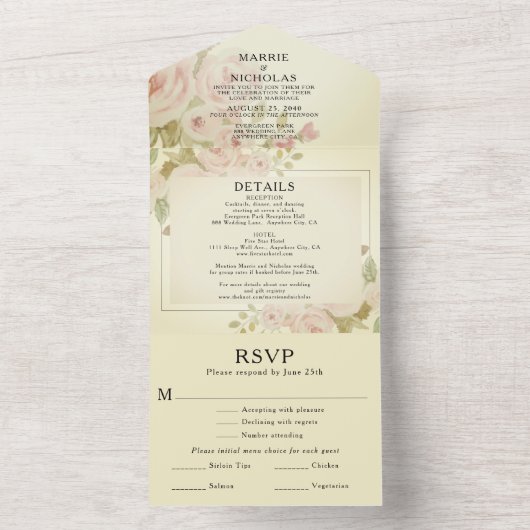  Blush Roze Rose Bloemen Waterverf Groen All In One Uitnodiging (Binnen)