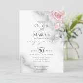 Blush Roze Rose Bouquet Pewter Waterverf Kaart (Staand voorkant)