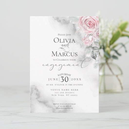 Blush Roze Rose Bouquet Pewter Waterverf Kaart (Staand voorkant)