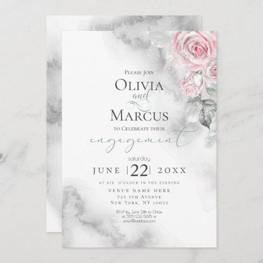 Blush Roze Rose Bouquet Pewter Waterverf Kaart (Voorkant / Achterkant)