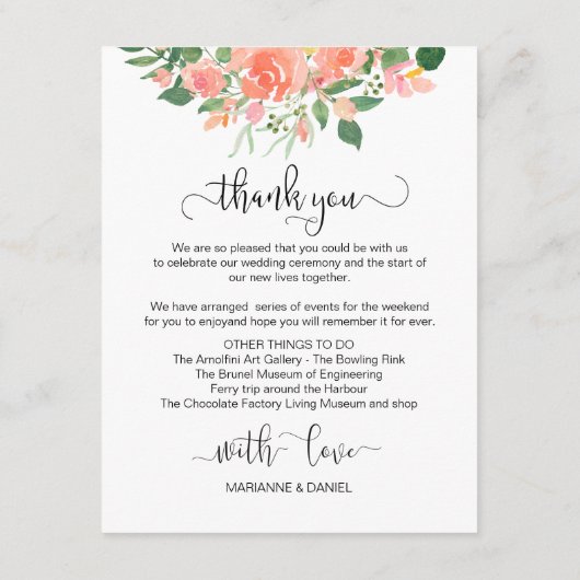 Blush Roze Rose Bruiloft Gast Welkom Informatiekaartje (Achterkant)