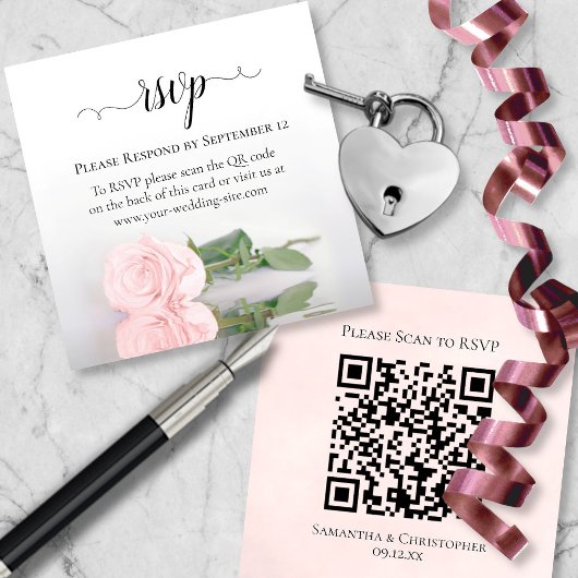 Blush Roze Rose Elegant Bruiloft RSVP QR Code Informatiekaartje