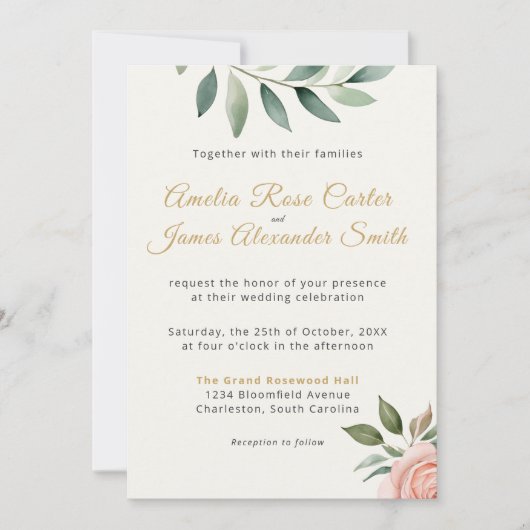 Blush Roze Rose Elegante Bloemen Huwelijksuitnodig Kaart (Voorkant)