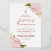 Blush Roze Rose First Heilig Commune Roos Gold Folie Uitnodiging (Voorkant)