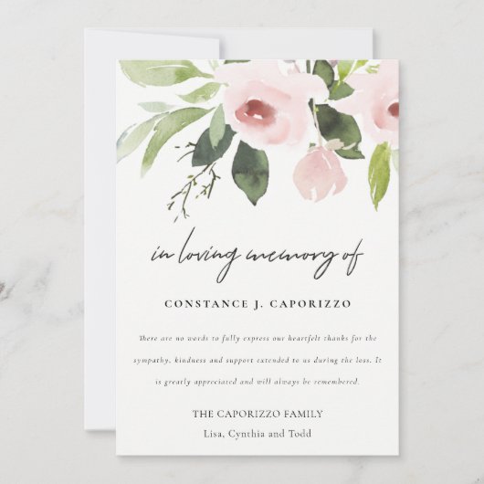 Blush Roze Rose Flora Waterverf Sympathie Memorial Bedankkaart (Voorkant)