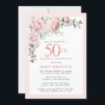 Blush Roze Rose Floral 50th Birthday Party Kaart<br><div class="desc">Eer een speciale vrouw met deze elegante en vrouwelijke 50th Birthday party uitnodiging. De 50ste wordt in grote roze tekst geschreven. De viering van de verjaardag volgt. De naam van de geëerde gast is ook in roze hoofdletters. Blush roze rozen en sage green bladeren creëer een mooie spoelspray bovenaan. Hoewel...</div>