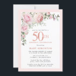 Blush Roze Rose Floral 50th Birthday Party Kaart<br><div class="desc">Eer een speciale vrouw met deze elegante en vrouwelijke 50th Birthday party uitnodiging. De 50ste wordt in grote roze tekst geschreven. De viering van de verjaardag volgt. De naam van de geëerde gast is ook in roze hoofdletters. Blush roze rozen en sage green bladeren creëer een mooie spoelspray bovenaan. Hoewel...</div>