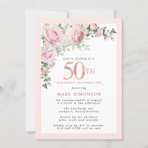 Blush Roze Rose Floral 50th Birthday Party Kaart