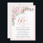 Blush Roze Rose Floral 60th Birthday Party Kaart<br><div class="desc">Eer een speciale vrouw met deze elegante en vrouwelijke 60th Birthday party uitnodiging. De 60ste is in roze tekst geschreven. De viering van de verjaardag volgt. De naam van de geëerde gast is ook in roze hoofdletters. Blush roze rozen en sage green bladeren creëer een mooie spoelspray bovenaan. Hoewel het...</div>