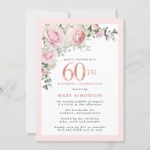 Blush Roze Rose Floral 60th Birthday Party Kaart