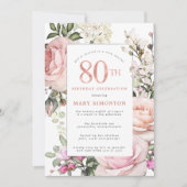 Blush Roze Rose Floral 80th Birthday Party Kaart (Voorkant)