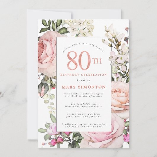 Blush Roze Rose Floral 80th Birthday Party Kaart (Voorkant)
