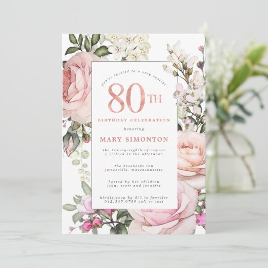 Blush Roze Rose Floral 80th Birthday Party Kaart (Staand voorkant)