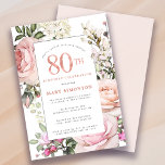 Blush Roze Rose Floral 80th Birthday Party Kaart<br><div class="desc">Eer een speciale vrouw met deze elegante en vrouwelijke 80th Birthday party uitnodiging. De 80ste is geschreven in roze tekst van grote rozen. De viering van de verjaardag volgt. De naam van de geëerde gast is ook in roze hoofdletters. De rest van de tekst is zachte duif grijs. De 80ste...</div>