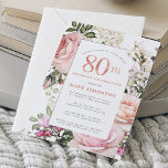 Blush Roze Rose Floral 80th Birthday Party Kaart<br><div class="desc">Eer een speciale vrouw met deze elegante en vrouwelijke 80ste verjaardag feestuitnodiging. 80th is geschreven in grote roos roze tekst. Verjaardagsviering volgt. De naam van de gevierde gast is ook in roze hoofdletters geschreven. De rest van de tekst is zacht donkergrijs. De 80ste verjaardagsviering wordt omgeven door een chique bloemenroos...</div>