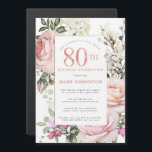 Blush Roze Rose Floral 80th Birthday Party Magnetische Uitnodiging<br><div class="desc">Eer een speciale vrouw met deze elegante en vrouwelijke 80th Birthday party uitnodiging. De 80ste wordt in grote roze tekst geschreven. De viering van de verjaardag volgt. De naam van de geëerde gast is ook in roze hoofdletters. De rest van de tekst is zachte duif grijs. De verjaardagsfeestdetails worden omringd...</div>