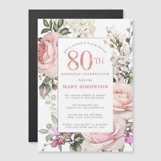 Blush Roze Rose Floral 80th Birthday Party Magnetische Uitnodiging (Voorkant / Achterkant)