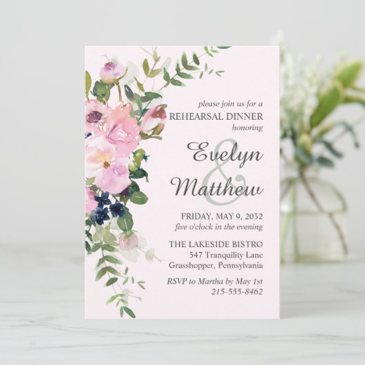 Blush Roze Rose Floral Bouquet Rehearsal Kaart (Staand voorkant)