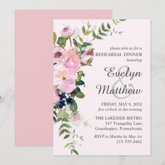 Blush Roze Rose Floral Bouquet Rehearsal Kaart (Voorkant / Achterkant)