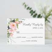 Blush Roze Rose Floral Bouquet Wedding RSVP Kaartje (Staand voorkant)