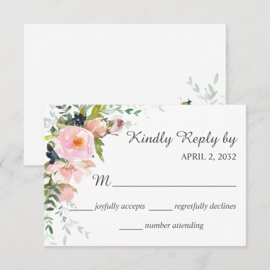 Blush Roze Rose Floral Bouquet Wedding RSVP Kaartje (Voorkant / Achterkant)