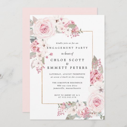 Blush roze Rose Floral Engagement Party Kaart (Voorkant / Achterkant)