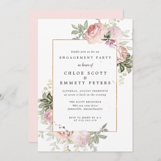 Blush roze Rose Floral Engagement Party Kaart (Voorkant / Achterkant)
