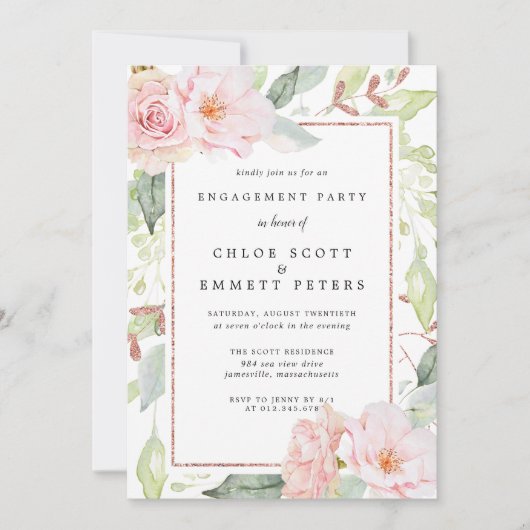 Blush roze Rose Floral Engagement Party Kaart (Voorkant)