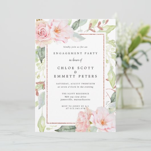 Blush roze Rose Floral Engagement Party Kaart (Staand voorkant)