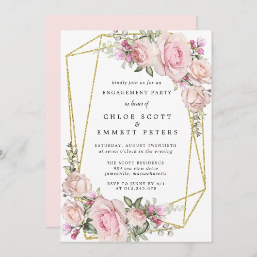 Blush roze Rose Floral Engagement Party Kaart (Voorkant / Achterkant)