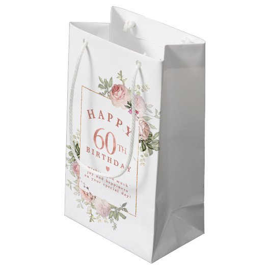Blush Roze Rose Floral Gold 60th Birthday Klein Cadeauzakje (Achterkant Gekanteld)
