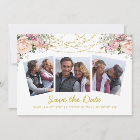Blush Roze Rose Floral Gold White 3 Foto Save The Date (Voorkant)