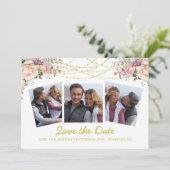 Blush Roze Rose Floral Gold White 3 Foto Save The Date (Staand voorkant)