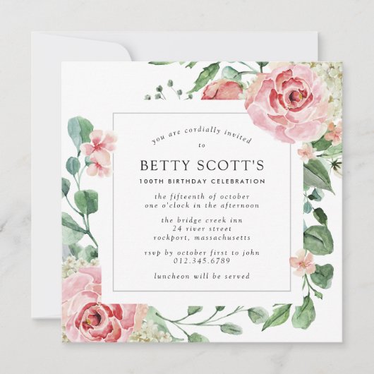 Blush Roze Rose Floral Square 100th Birthday Party Kaart (Voorkant)