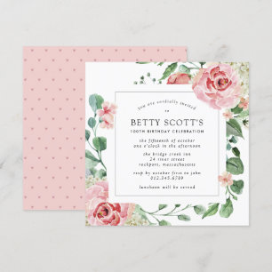 Blush Roze Rose Floral Square 100th Birthday Party Kaart