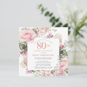 Blush Roze Rose Floral Square 80e verjaardag Kaart (Staand voorkant)