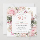 Blush Roze Rose Floral Square 80e verjaardag Kaart (Voorkant)