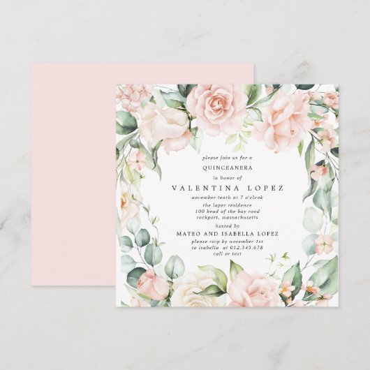 Blush Roze Rose Floral Square Quinceanera Kaart (Voorkant / Achterkant)