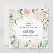 Blush Roze Rose Floral Square Quinceanera Kaart (Voorkant)
