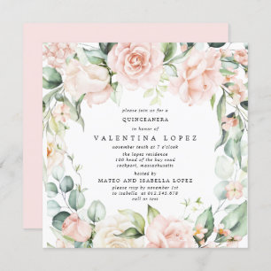 Blush Roze Rose Floral Square Quinceanera Kaart