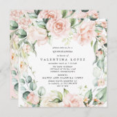 Blush Roze Rose Floral Square Quinceanera Kaart (Voorkant / Achterkant)