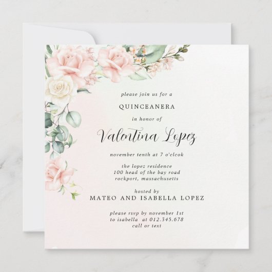 Blush Roze Rose Floral Square Quinceanera Kaart (Voorkant)