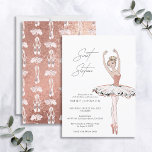 Blush Roze Rose Gold Ballerina Sweet 16 Birthday Kaart<br><div class="desc">Moderne, minimale en elegante, deze Sweet 16 Ballerina verjaardagsuitnodiging bevat een glam ballerina illustratie die is voorzien van een gouden, glanzende textuur van het roos, op een uitnodiging voor zwarte en witte typografie. De achterkant van de uitnodiging is voorzien van een gouden roos-schimmer, met een motief met alle aanwijsschoenen. Copyright...</div>