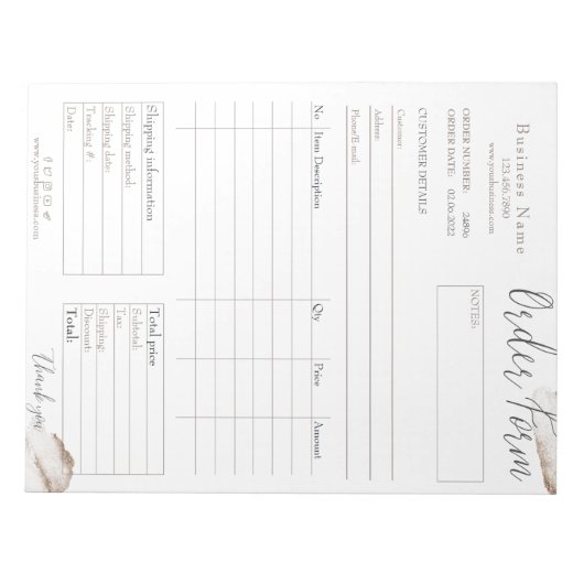 Blush Roze Rose Gold Business Order Form Notitiebl Notitieblok (Voorkant)