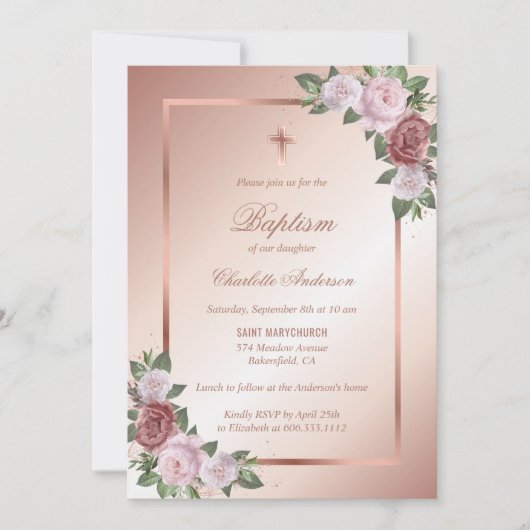Blush Roze Rose Gold Floral Girl Baptisme Kaart (Voorkant)
